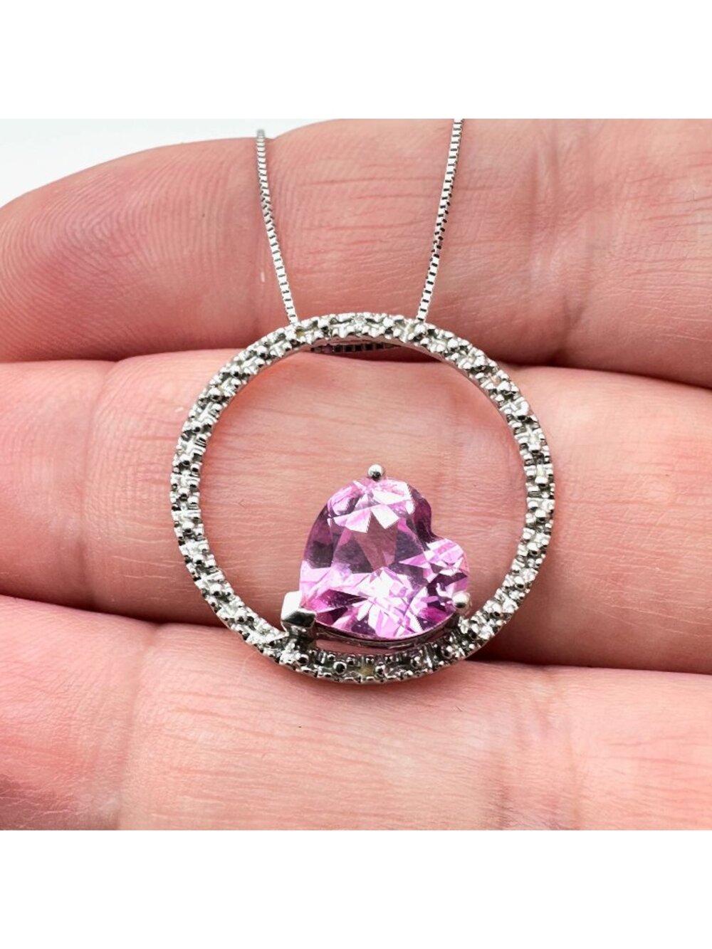 10K White Gold Womens Necklace Pink CZ Heart Circle Pendant 18" Chain 3.7 Grams
